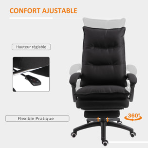 HOMCOM Fauteuil de bureau direction massant hauteur réglable dossier inclinable repose-pied intégré toile de lin noir