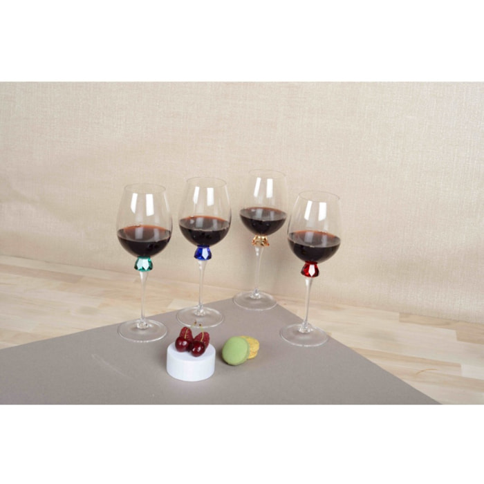 Verres a vin avec pied en diamant 4 couleurs - lot de 4