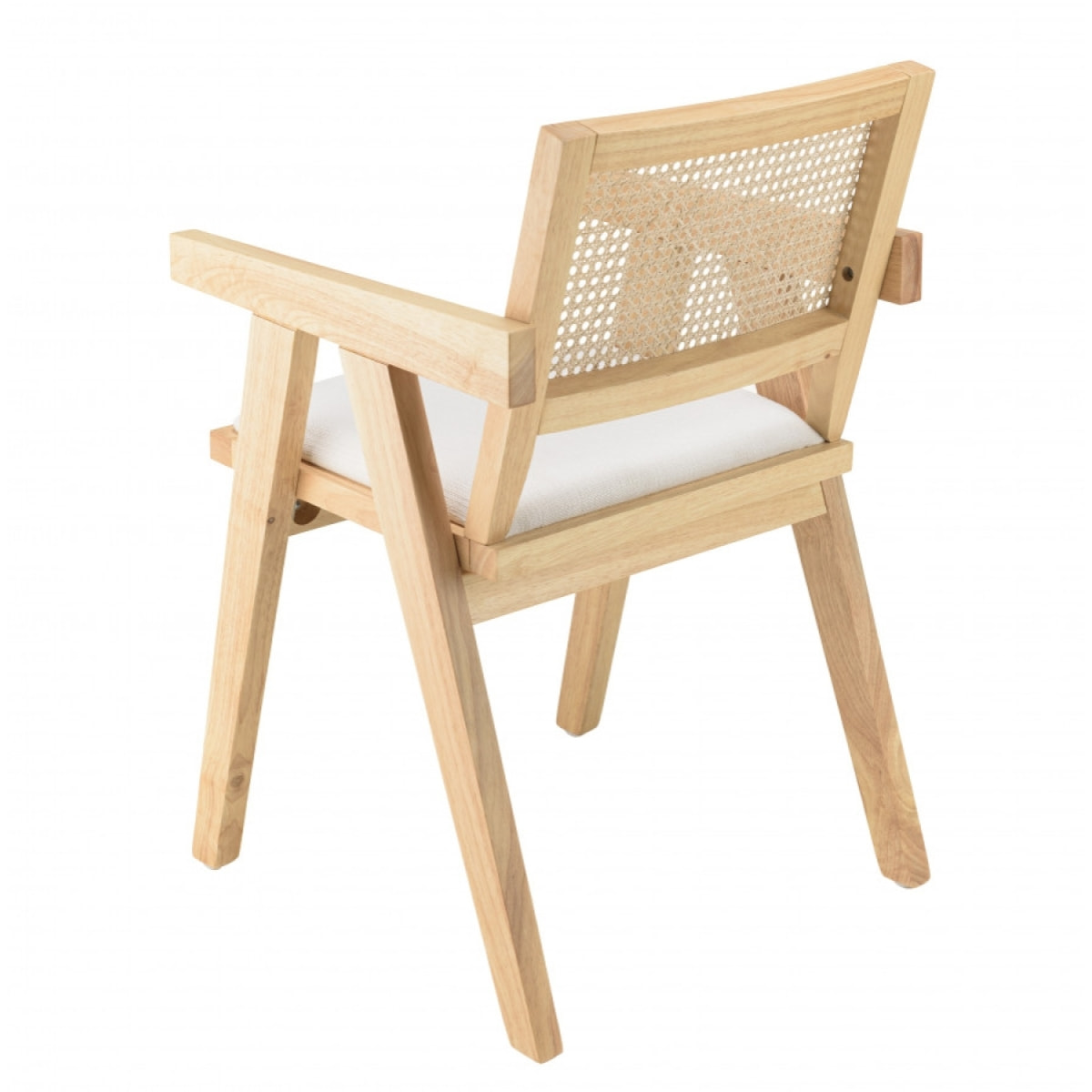 ALBANE - Fauteuil bois d'Hévéa assise tissu blanc dossier rotin naturel