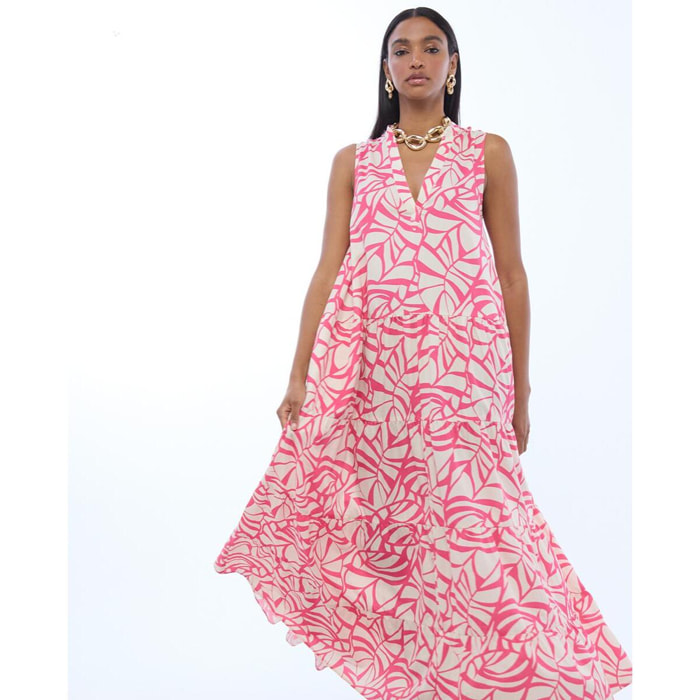 Abito voluminoso con scollo a V e stampa a foglie