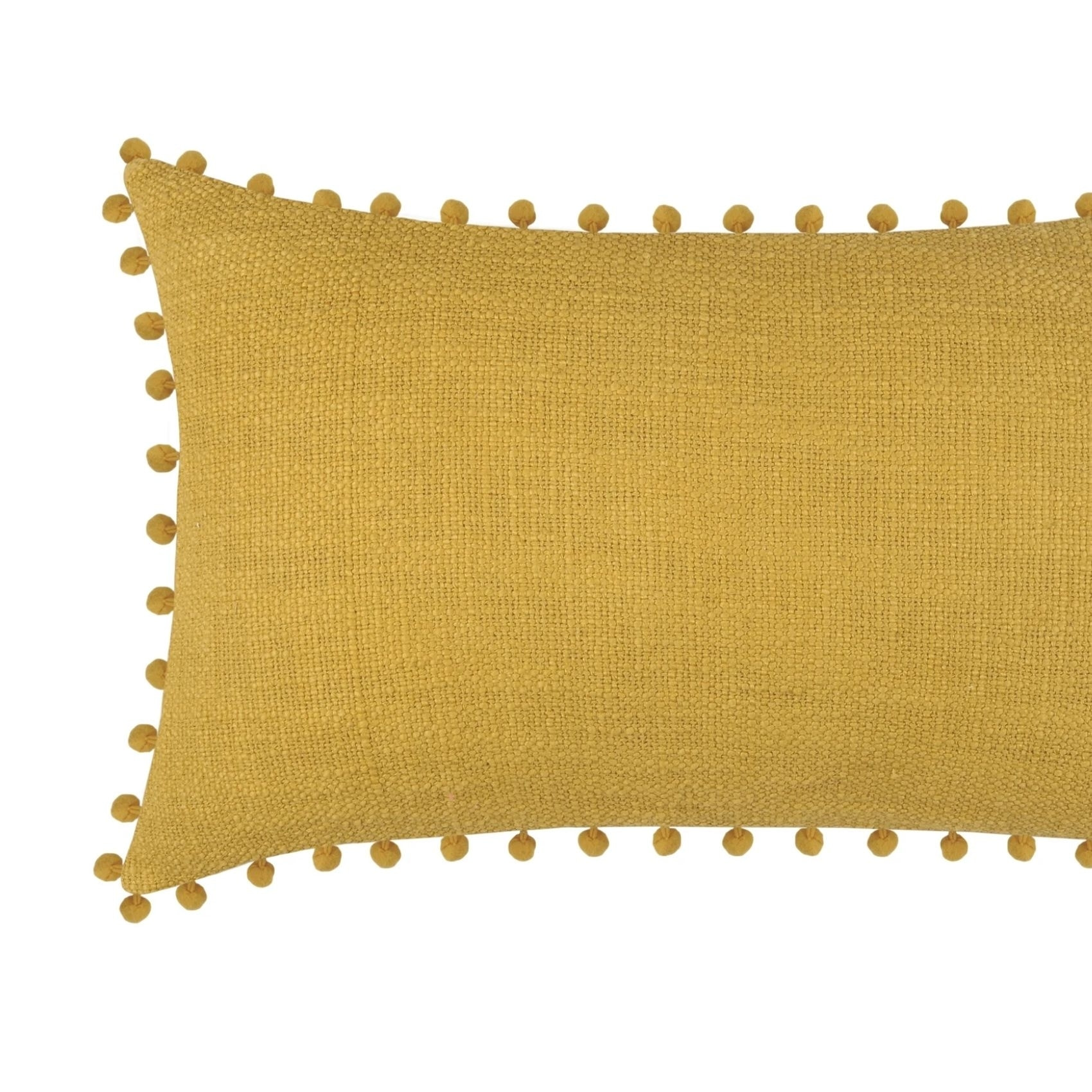 Coussin rectangulaire en coton déhoussable à pompons - Jaune moutarde
