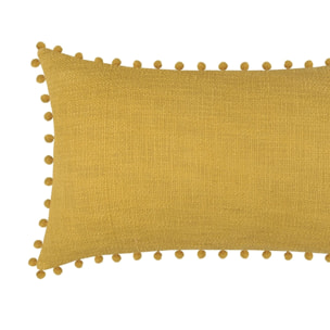 Coussin rectangulaire en coton déhoussable à pompons - Jaune moutarde