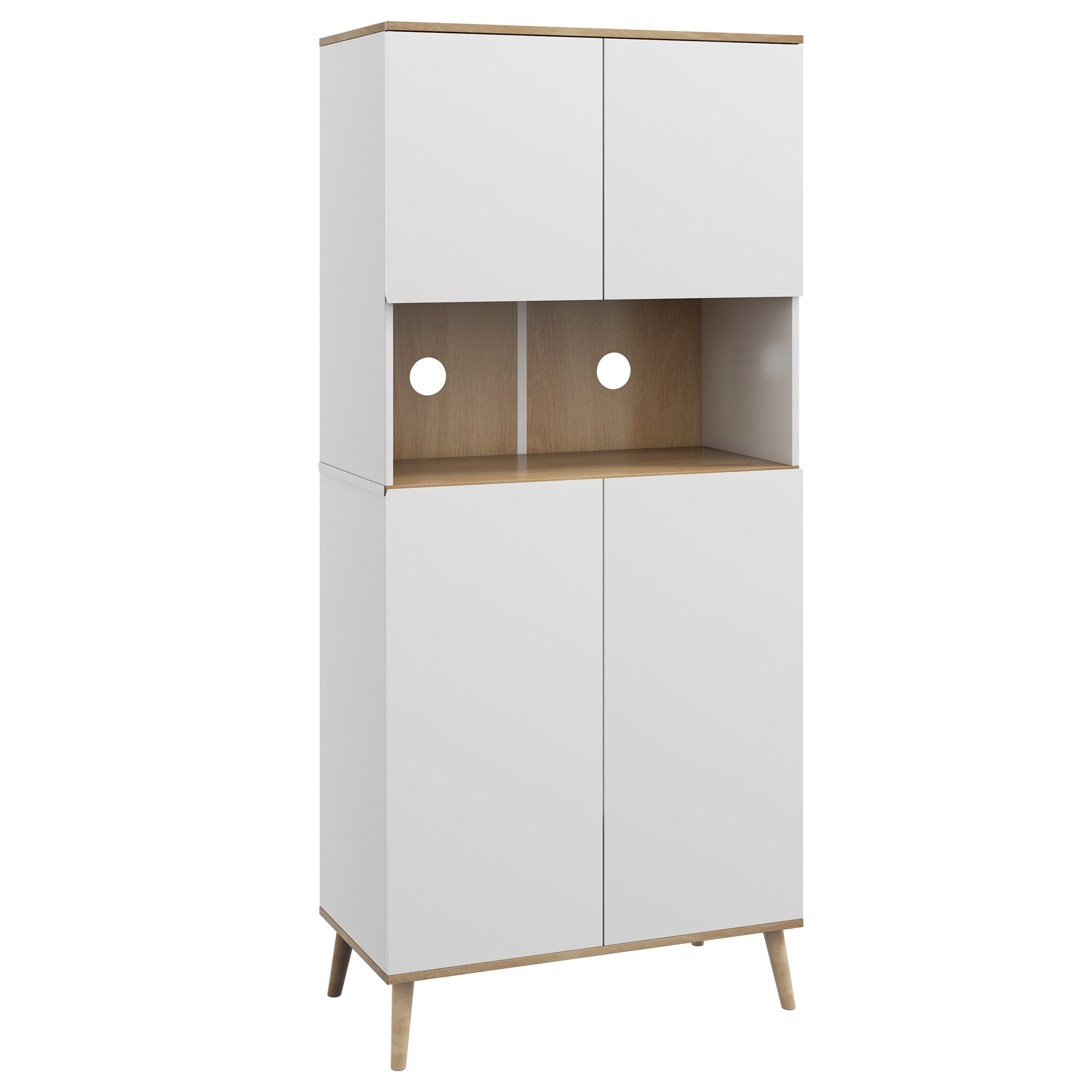 Buffet haut 4 portes 3 étagères réglables grande niche bois pin panneaux blanc aspect chêne clair