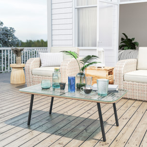 Table basse de jardin style Acapulco piètement incliné acier noir résine filée effet naturel plateau verre trempé