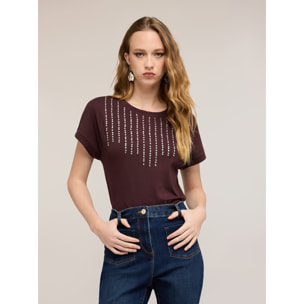 Motivi - Camiseta con aplicaciones de estrás - Marrón