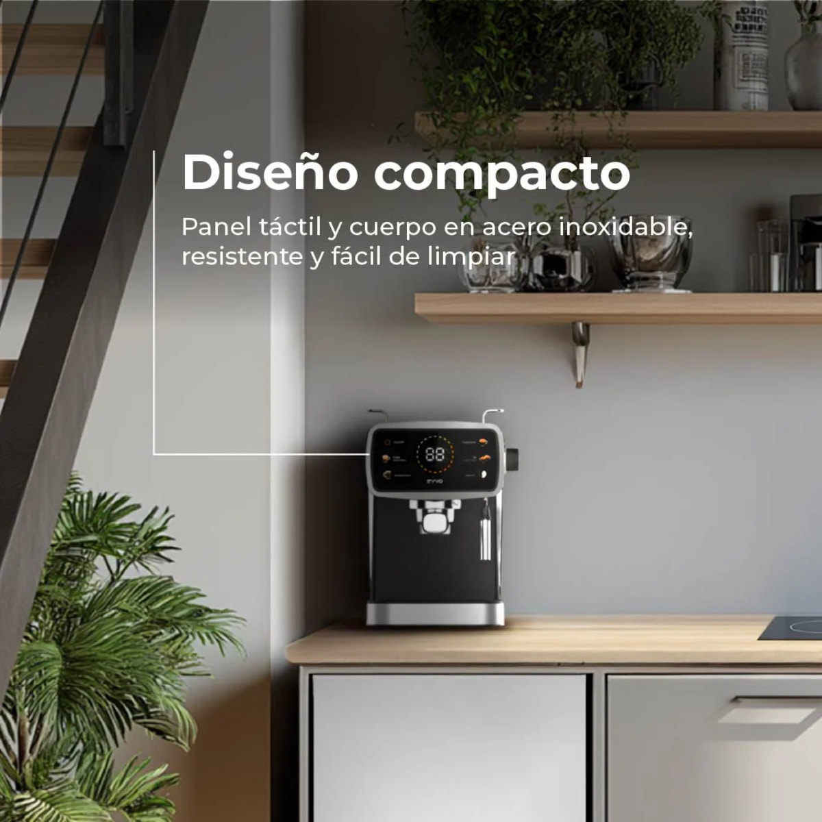 EVVO Cafetera Express Intensa 30. panel táctil a color. 20 bares de presion. Espressos y Capuccinos. 1350W. Doble salida. portafiltros. Depósito de 1.5 l