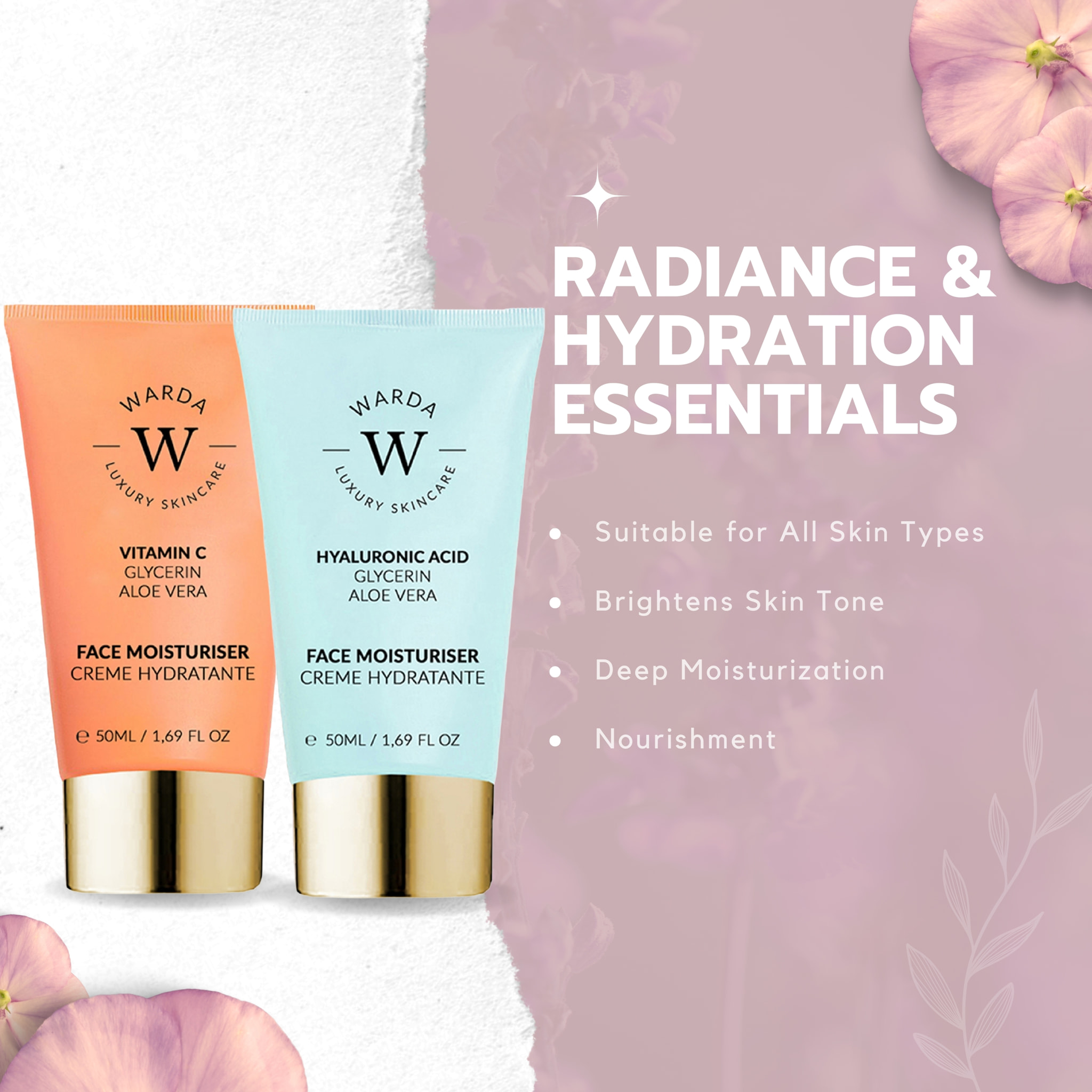 HIDRATANTE CON VITAMINA C PARA MEJORAR LA luminosidad de la piel 50 ml + HIDRATANTE CON ÁCIDO HIALURÓNICO PARA MEJORAR LA HIDRATACIÓN DE LA PIEL 50 ml