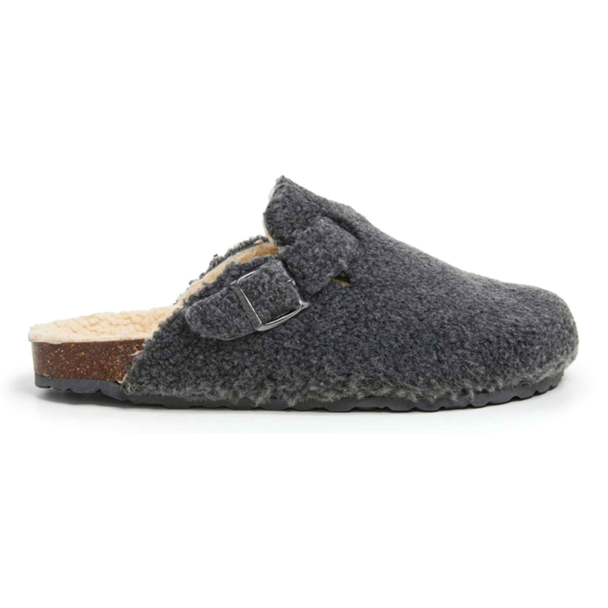 Zueco de borreguito con hebilla rectangular. BABUNKERS GRIS