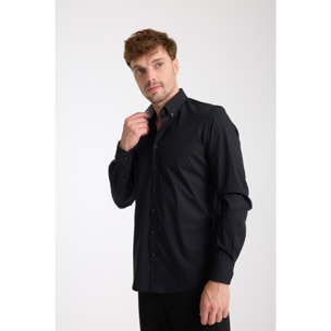 camicia uomo 1 bottone button down slim Popeline Stretch Unito Nero