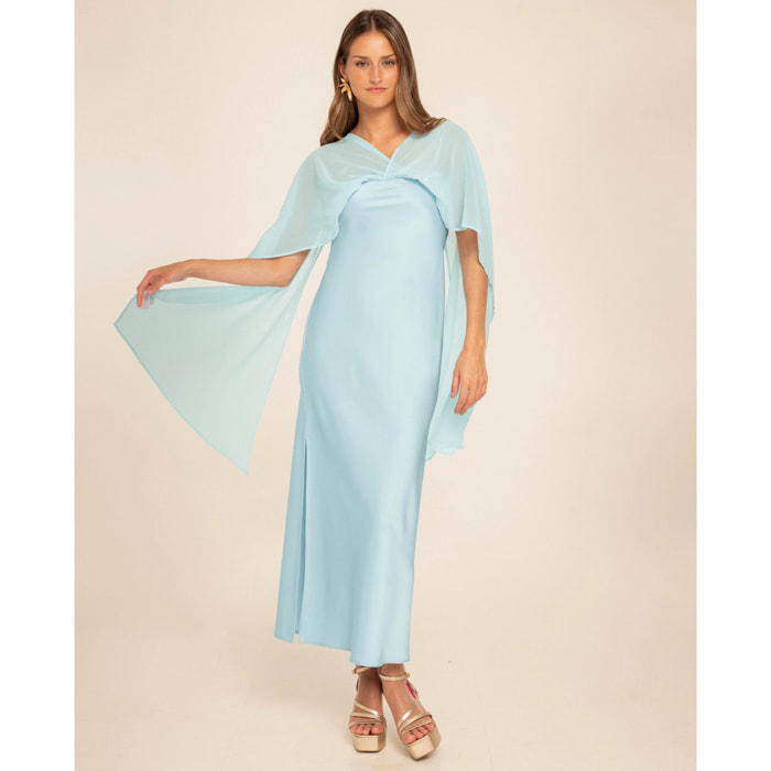 Vestido midi satinado con escote palabra de honor y capa de gasa multiposición