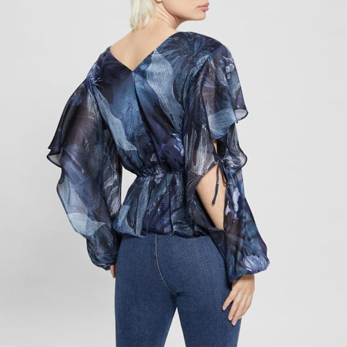 Blouse Saskika - coupe classique - volant - imprimé - bleu foncé