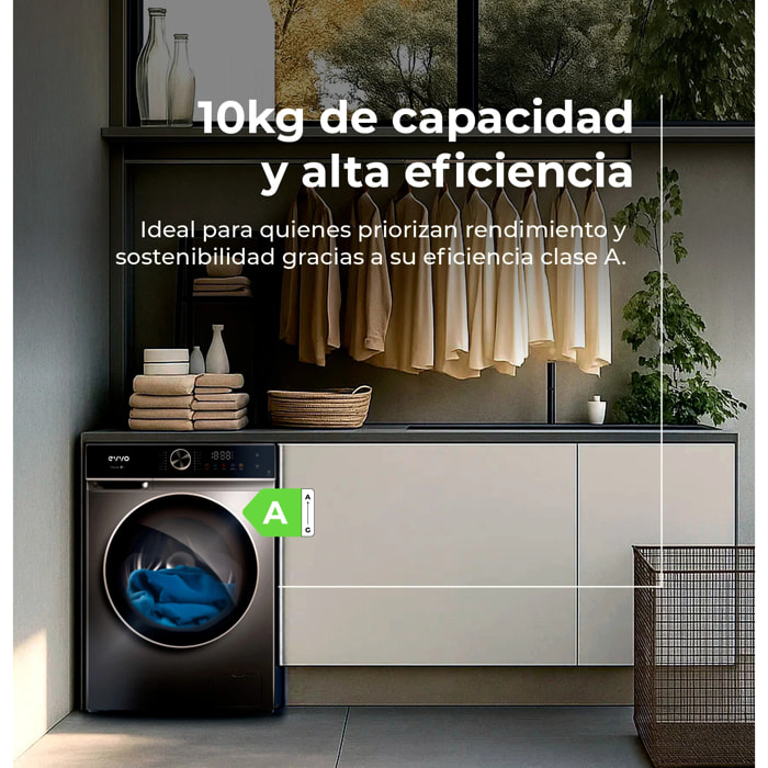 EVVO Lavadora 10 kg carga frontal Nova P10, 1200 rpm, Clase energética A, , Lavado Rápido 15', SMART LOAD, Tambor ePROTECT, Inicio diferido, Inox