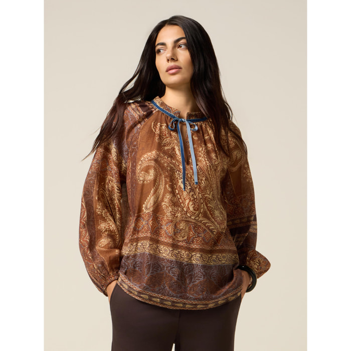 Oltre - Blusa fantasia con fiocco - Marrone