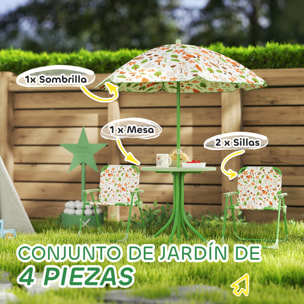 Conjunto de Mesa y Sillas Infantil de Jardín de 4 Piezas Mesa Infantil con Sillas Plegables Sombrilla Ajustable Diseño de Zorro para Patio Pícnic Verde
