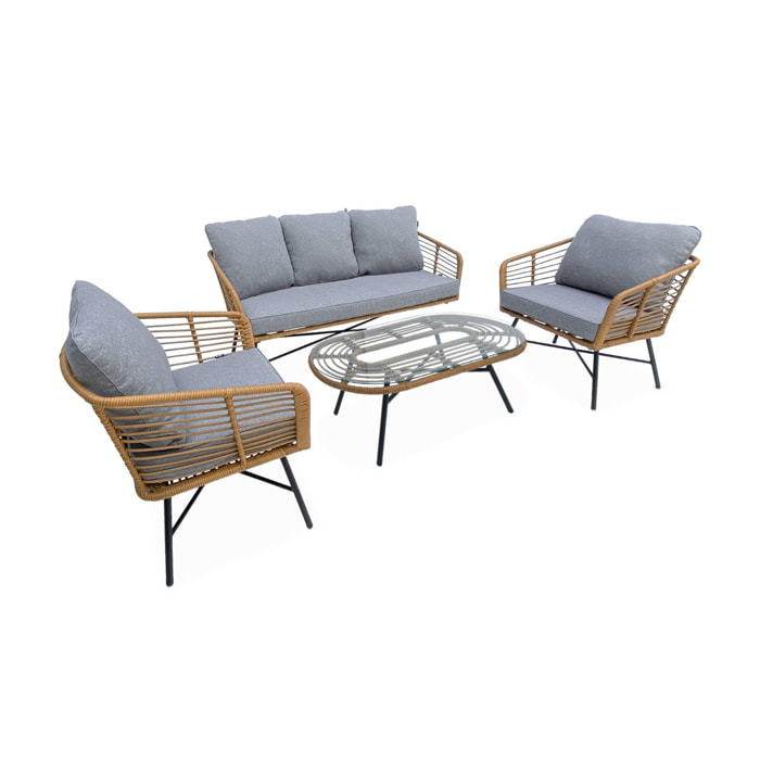 Salon de jardin bas 5 places UBUD – Ensemble canapé 3 places et 2 fauteuils avec une table. résine tressée effet rotin. coussins gris clair chiné