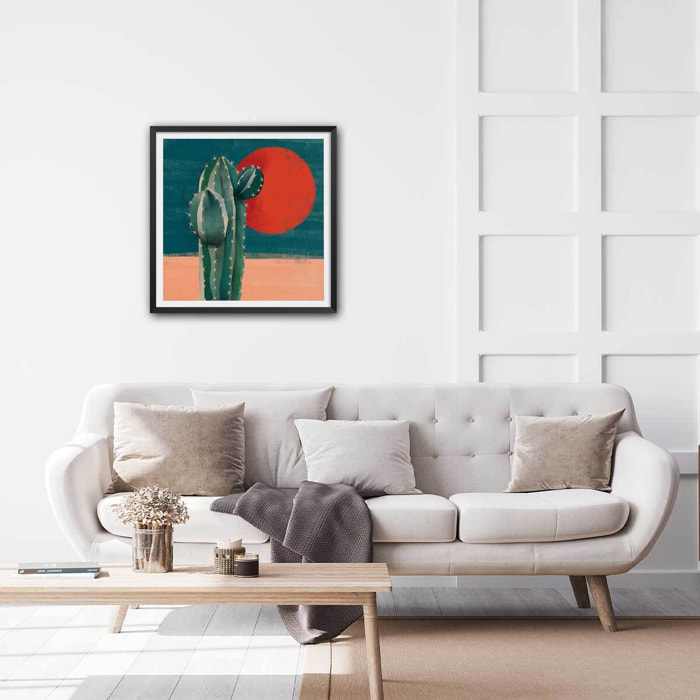 Affiche illustration cactus et soleil rouge Affiche sous cadre noir