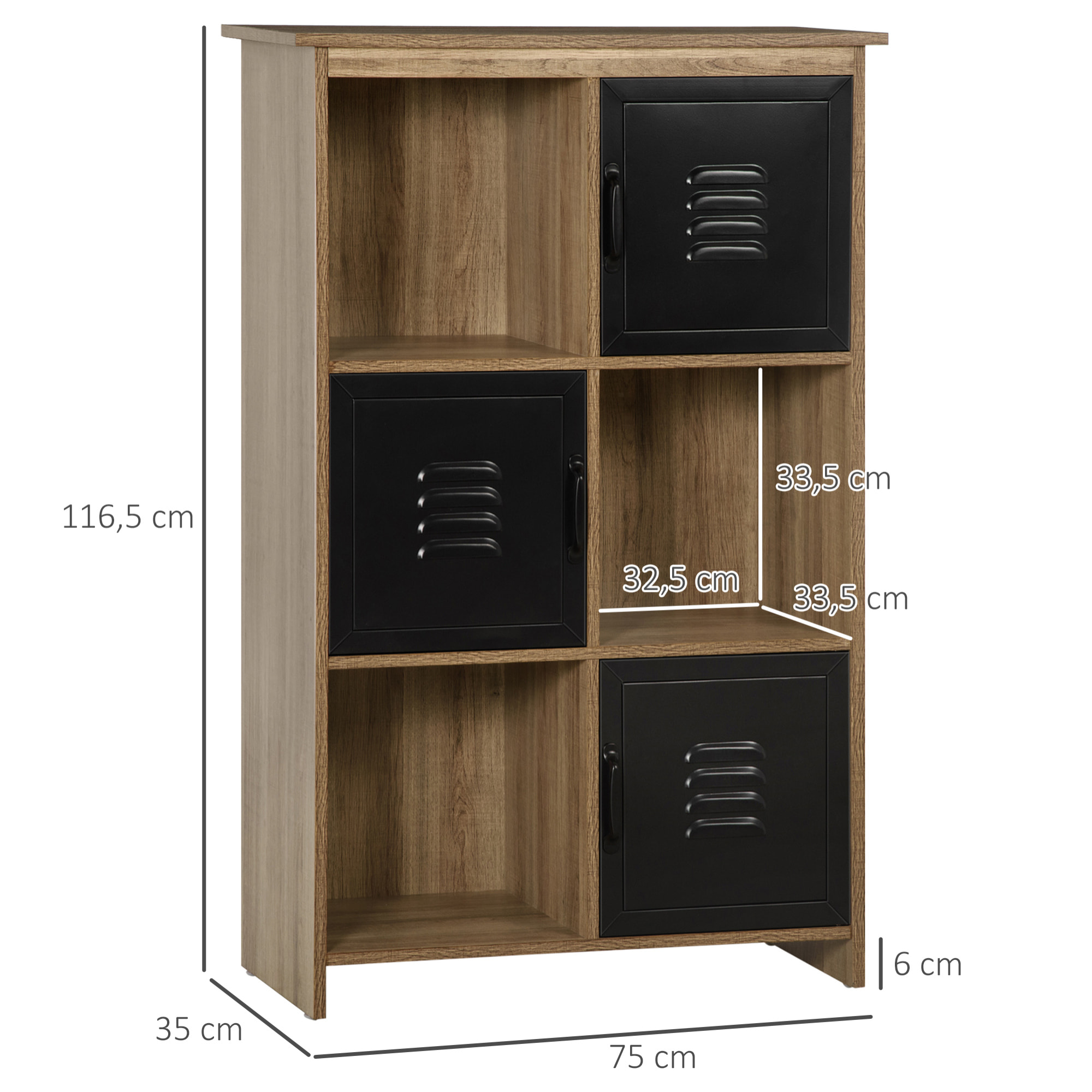 Bibliothèque design industriel - meuble de rangement 3 niches 3 casiers - panneaux particules aspect bois veinage portes métal noir