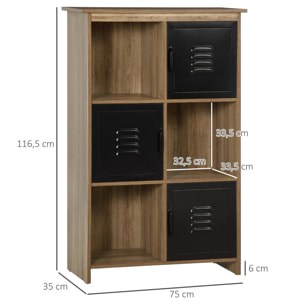 Bibliothèque design industriel - meuble de rangement 3 niches 3 casiers - panneaux particules aspect bois veinage portes métal noir