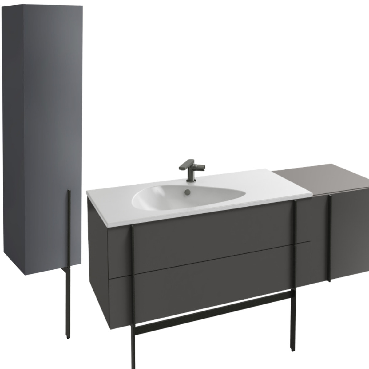 Meuble de salle de bain 145 cm Nouvelle Vague gris brillant + tiroir rack + colonne version gauche + pied