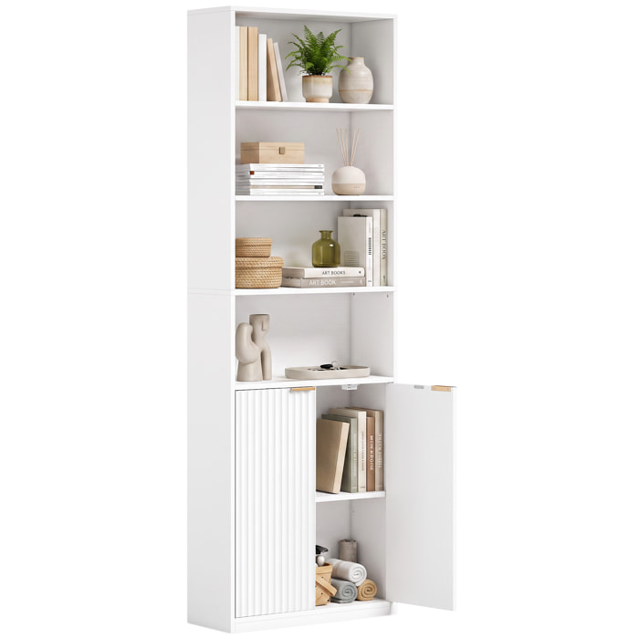 Estantería para Libros Alta y Estrecha, Librería de 6 Niveles con 4 Compartimentos Abiertos, Estante Ajustable, Cierres Magnéticos, Armario para Salón, Estudio, Oficina, 60x24x182 cm, Blanco