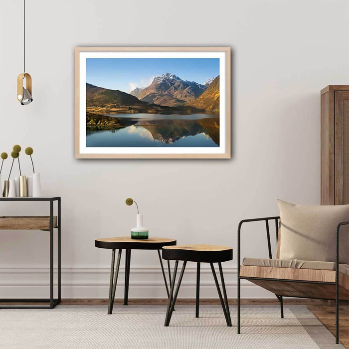 Affiche montagne et lac, l île lofoten Affiche + cadre en bois - Chêne