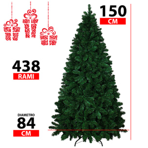 Albero Di Natale 150 Cm Con Sacca Effetto Reale 438 Rami Foltissimo Molto Folto Rami A Gancio Base A Croce Sicura In Metallo Doppia Foglia In PVC