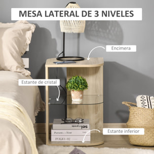 HOMCOM Mesita Auxiliar de Salón Moderna Mesilla de Noche con 3 Estantes Tablero de Cristal Mesita de Café para Sala de Estar Dormitorio 40x40x56 cm Madera Natural