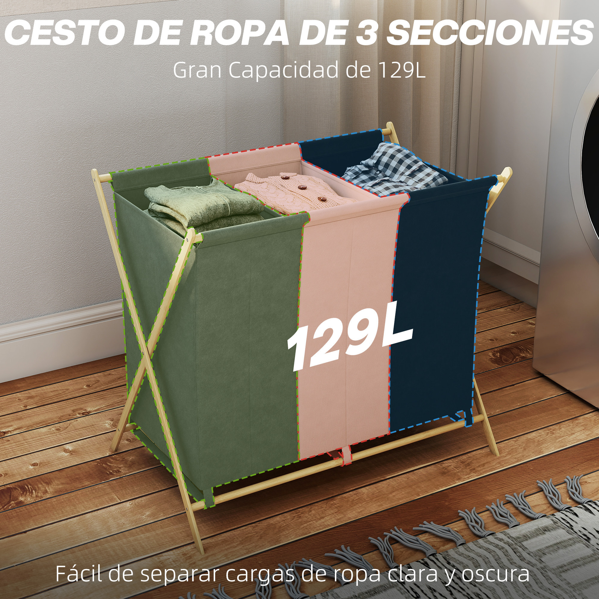 Cesto para Ropa Sucia Plegable con 3 Compartimentos Capacidad de 129L Cesta para la Colada con Estructura Forma de X de Bambú y Bolsas Extraíbles 75x48x67 cm Multicolor