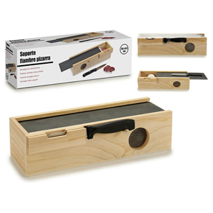 Caja madera fiambres con pizarra y cuchillo.