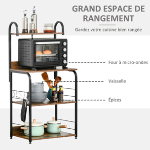 Étagères de cuisine - meuble micro-ondes - 3 étagères, plateau, crochets - métal noir aspect acajou