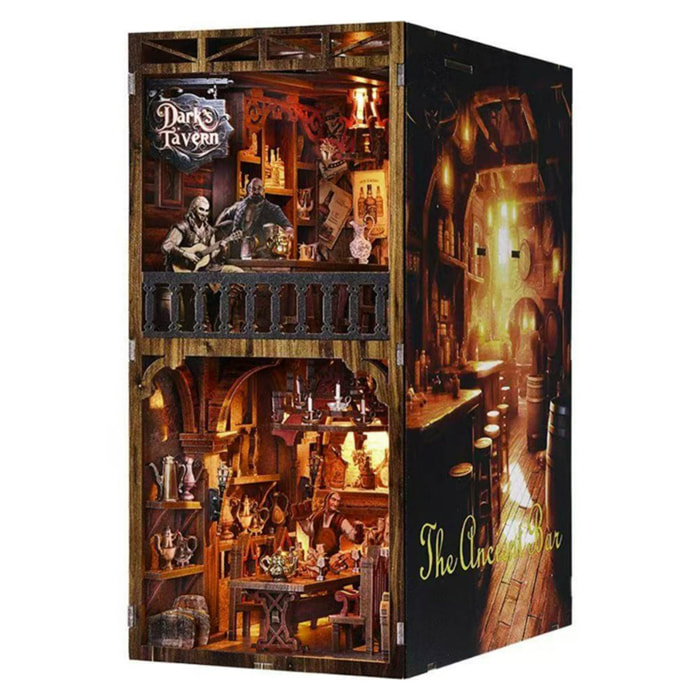 Bar antico. Book Nook in legno, design 3D realistico con grande dettaglio, copertura e luci a LED.