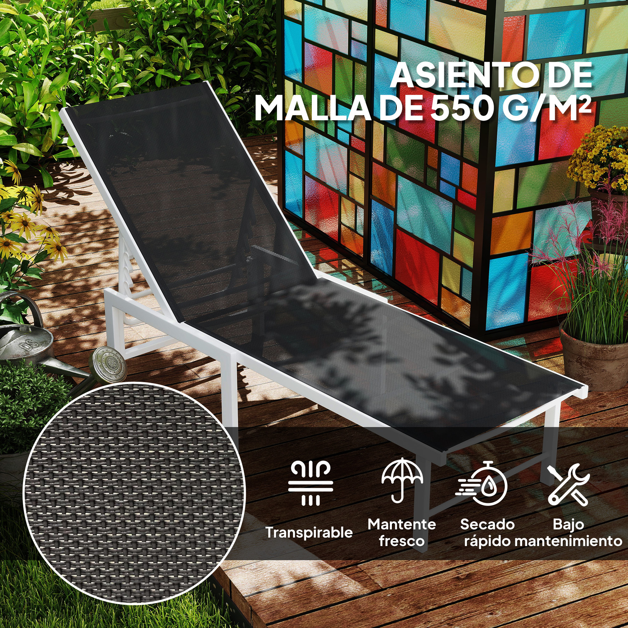 Tumbona Reclinable Tumbona Jardín Exterior con Ruedas Respaldo Ajustable en 5 Niveles y Estructura de Acero Carga 120 kg para Patio Terraza Balcón 166x60x84 cm Gris