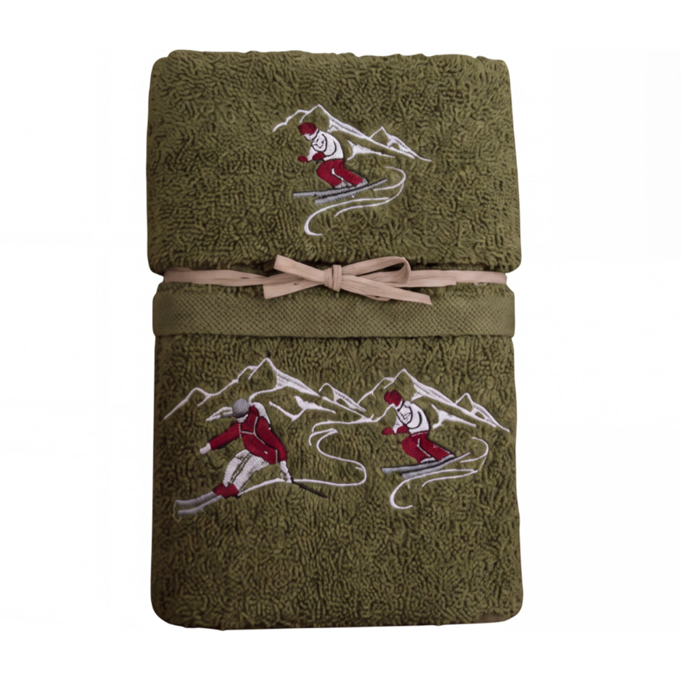 Set Asciugamano Ospite in Spugna 100% Cotone Fantasia Tirolese Natalizia Disegno Ski Verde