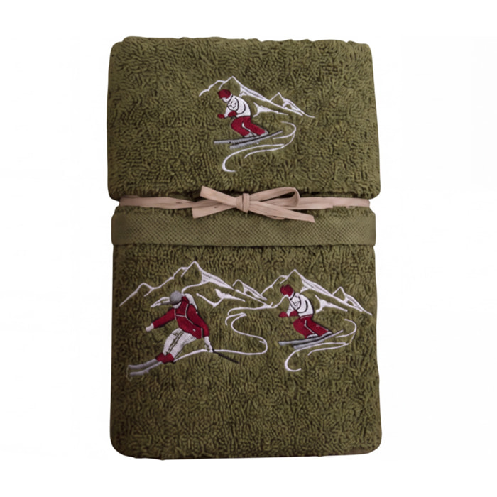 Set Asciugamano Ospite in Spugna 100% Cotone Fantasia Tirolese Natalizia Disegno Ski Verde