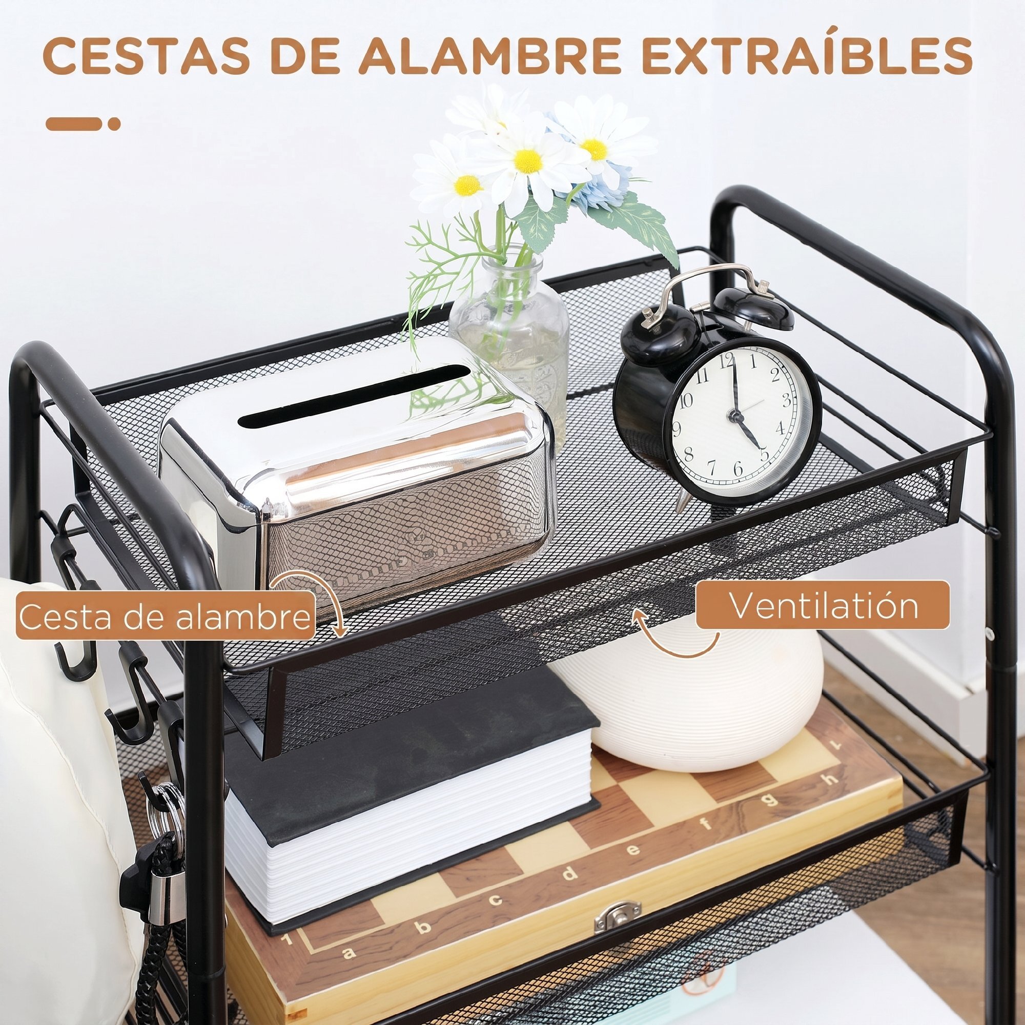 Carrito Auxiliar con Ruedas, Carrito de Cocina de Acero, con 3 Cestas, Carga 9 kg, para Comedor, Sala de Estar, Baño, 45x26,5x63 cm, Negro