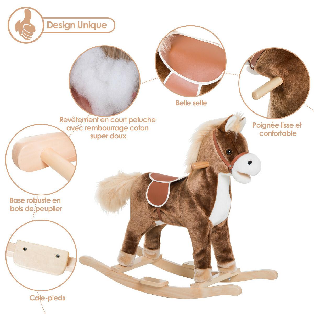 Cheval à bascule cheval de cowboy selle grand confort peluche courte douce bois peuplier marron