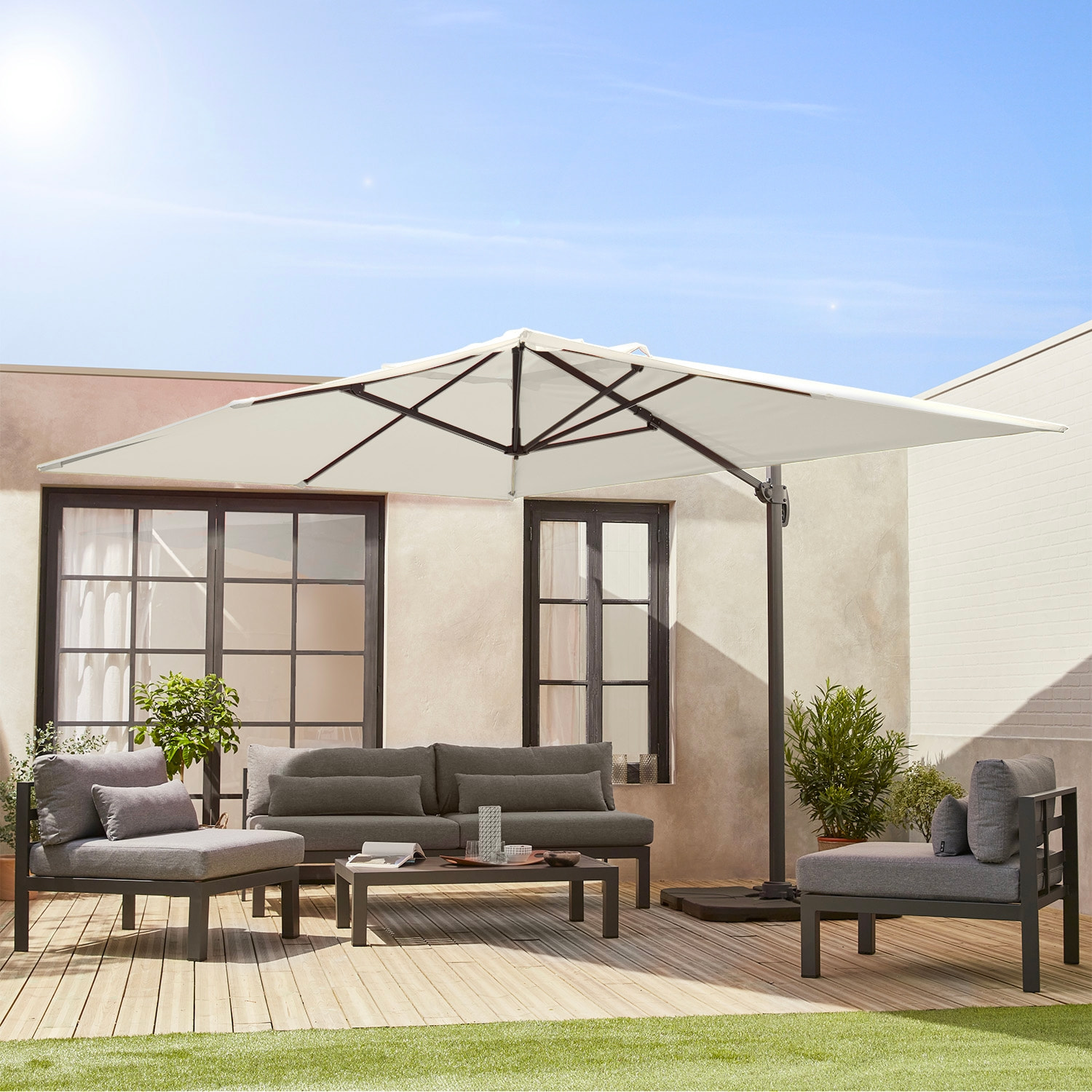 Parasol déporté rectangulaire 3x4m + dalles à lester 50x50cm WIMEREUX + DALLES 50X50CM