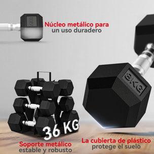 Juego de Mancuernas de 6 Piezas 36 kg, Mancuernas Hexagonales 2x4kg, 2x6kg, 2x8kg, con Soporte de Almacenamiento y Mango Antideslizante para Entrenamiento en Casa Gimnasio, Negro