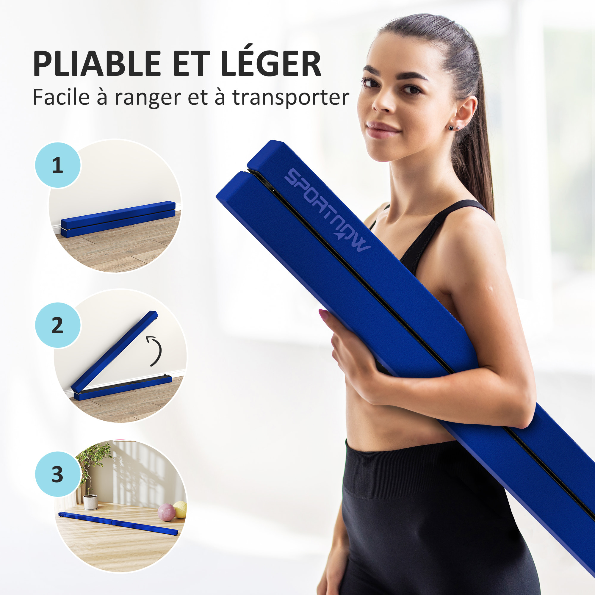 Poutre gymnastique pliable 240 cm - poutre d'équilibre antidérapante - bois de pin revêtement flanelle bleu