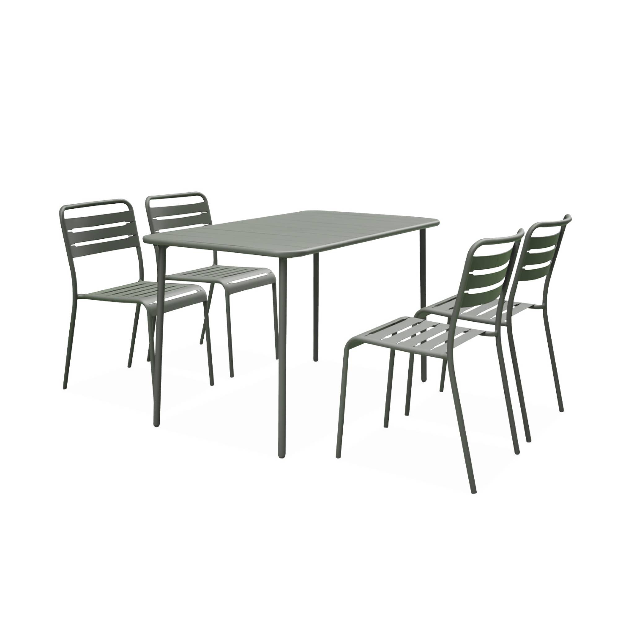 Table de jardin métal + 4 assises kaki en acier. Amelia. 120x70xH72.5cm (12.2kg)