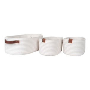 Set 3 cestini Jarana in cotone bianco con manici in cuoio