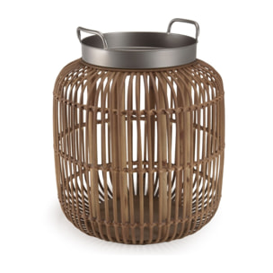 VICTOIRE - Table d'appoint cylindrique avec poignées 51x51cm plateau en métal noir piètement en rotin marron