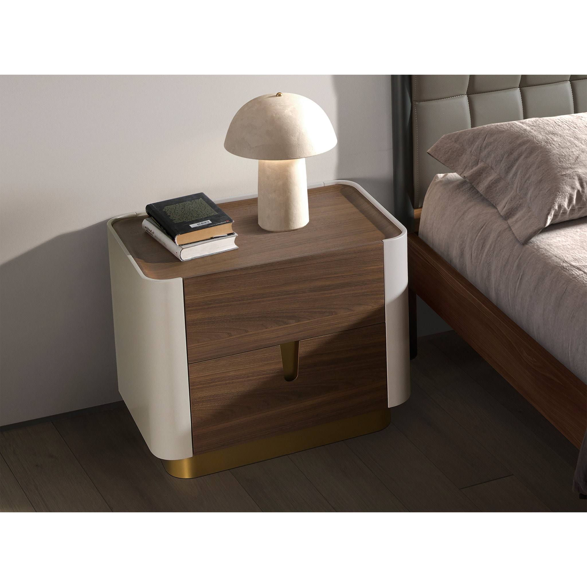 Mesita de noche con estructura de madera chapada en nogal natural y madera MDF lacada en beige base de acero inoxidable pulido en dorado 60x42x50cm