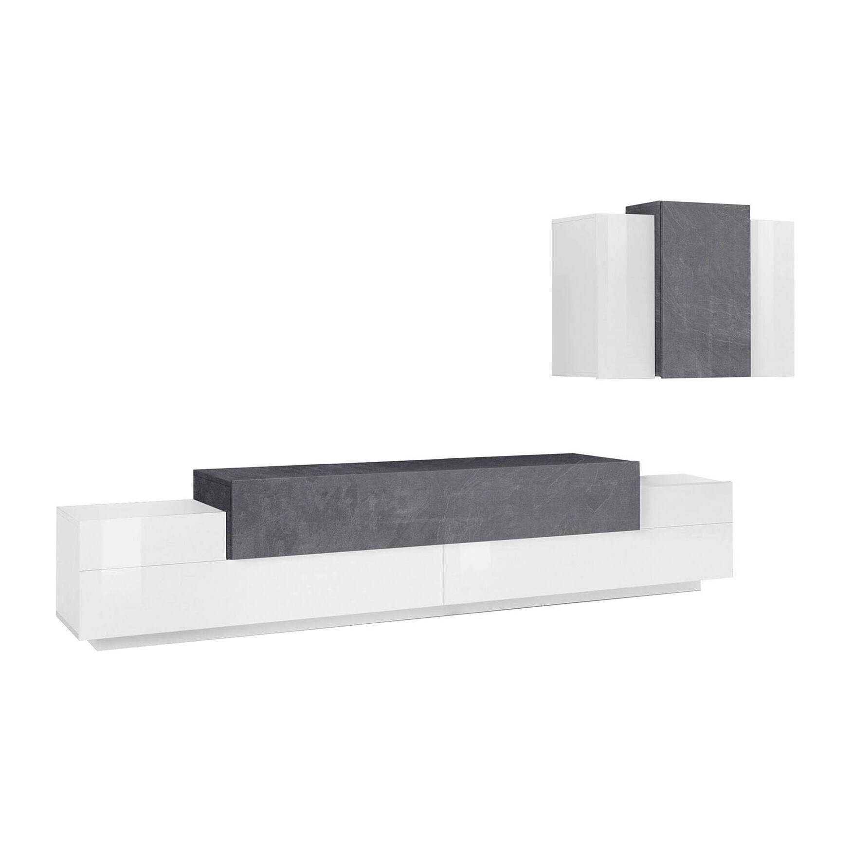 Parete attrezzata Alaskino, Set salotto porta TV, Mobile soggiorno multiuso, 100% Made in Italy, cm 240x45h180, Bianco lucido e Ardesia