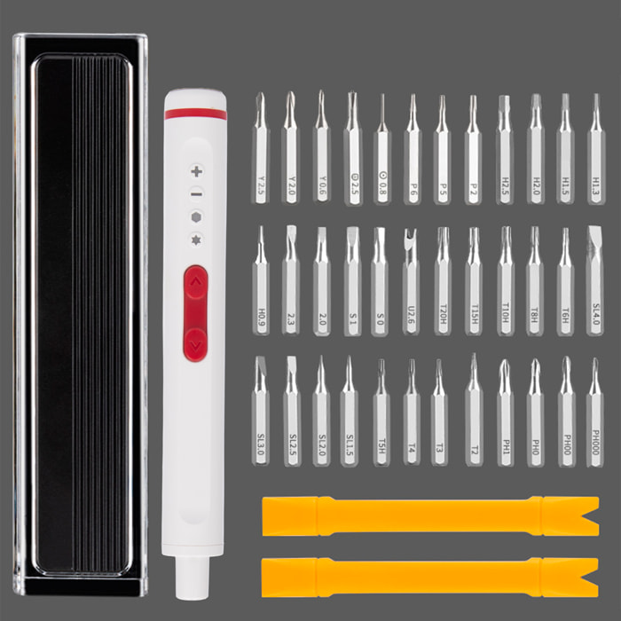 Destornillador eléctrico 40 en 1 con doble luz de trabajo, giro bidireccional, batería recargable de 350mAh, rotación de 170rpm y puntas magnéticas.