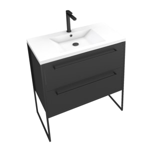 Meuble de salle de bain 80x50cm NOIR MAT - 2 tiroirs Noir mat - vasque blanche - STRUCTURA P054