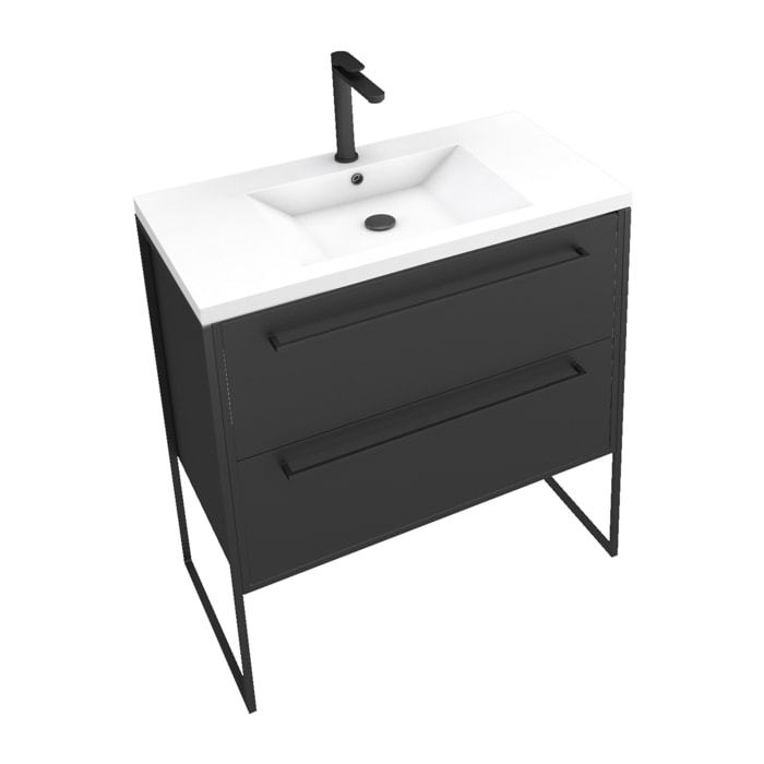 Meuble de salle de bain 80x50cm NOIR MAT - 2 tiroirs Noir mat - vasque blanche - STRUCTURA P054