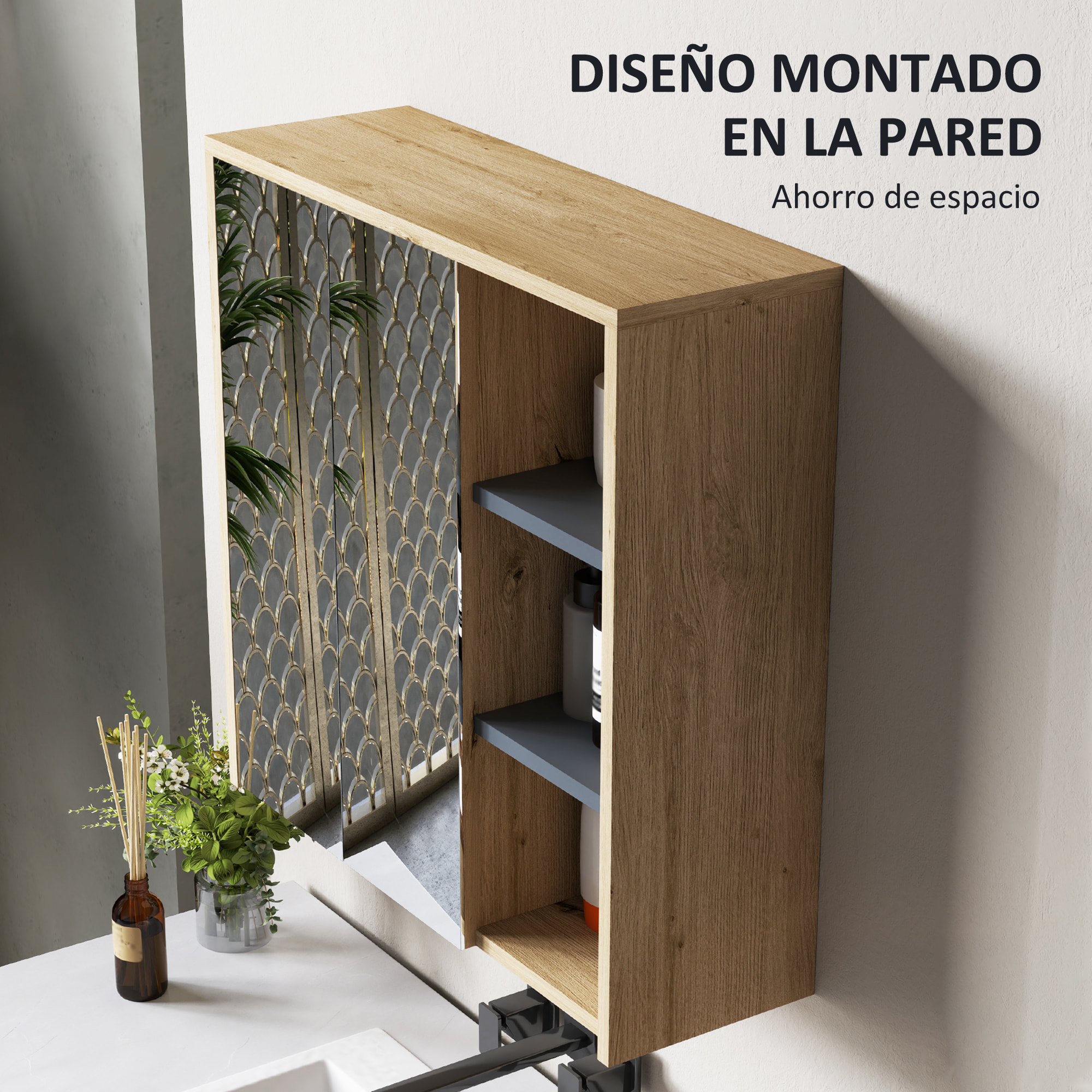 Armario de Baño con Espejo Armario con Espejo para Baño con Estantes Estilo Moderno 60x20x60 cm Madera Natural