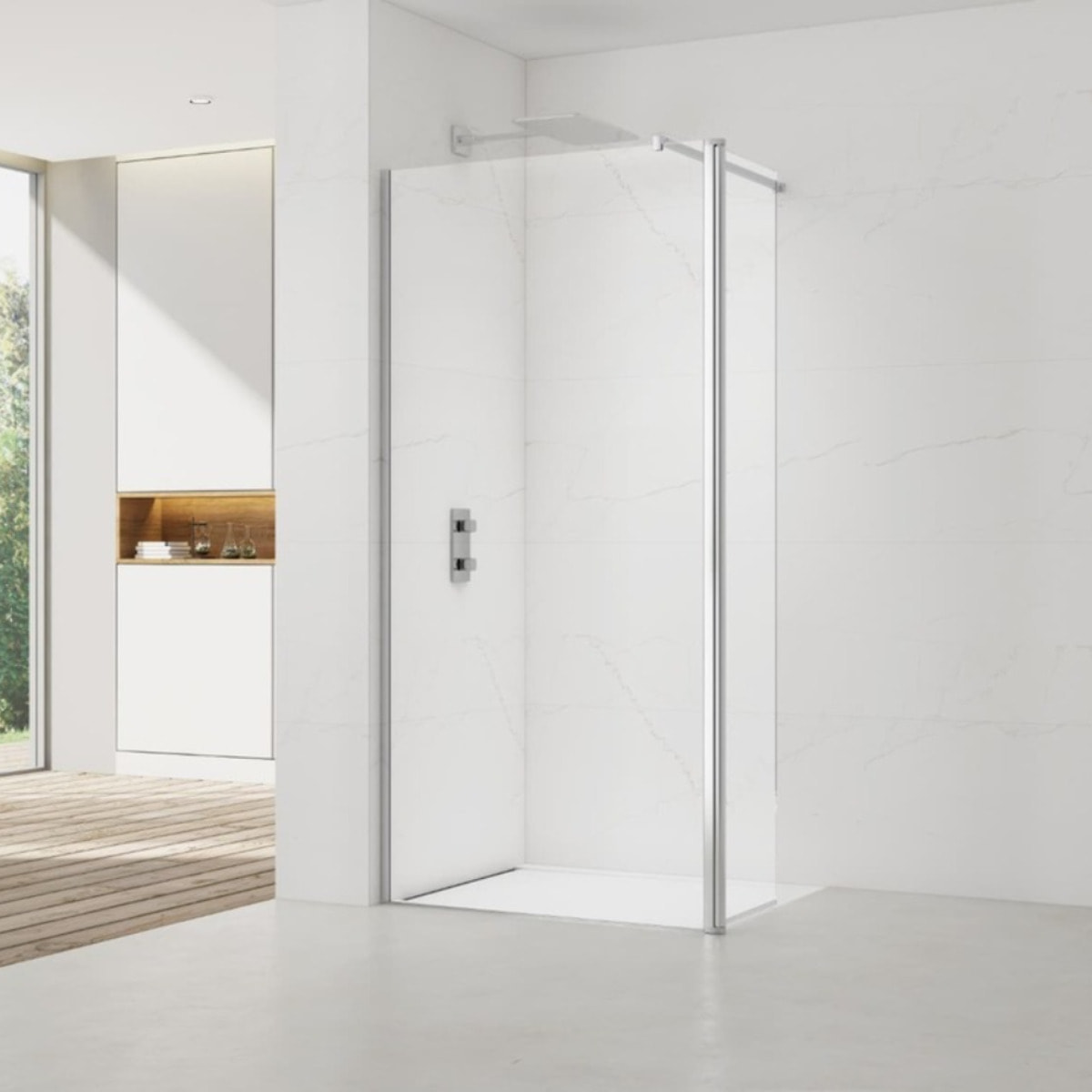 Walk-in 140x200cm Paroi et retour pivotant en verre Crystal Glass® 8 mm anticalcaire , avec bras et profilés chrome brillant