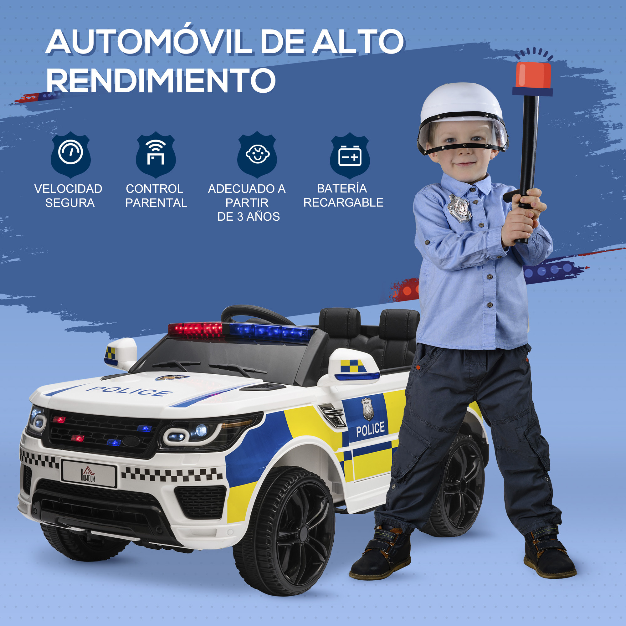 Coche Eléctrico para Niños de +3 Años Carro Eléctrico Infantil de Policía Coche de Batería 12V con Mando a Distancia Bluetooth Luz USB Sirena Blanco